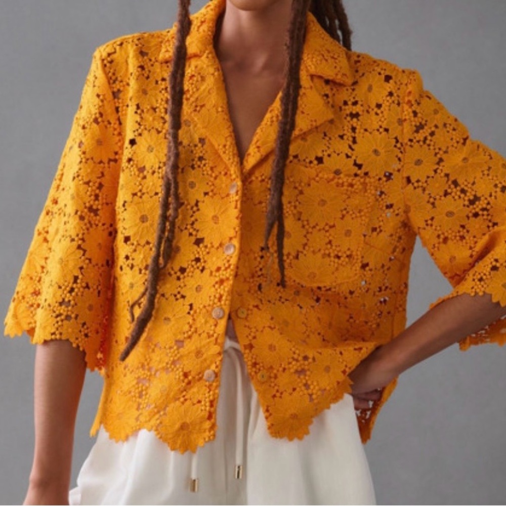Maeve by Anthropologie Lace Marigold Yellow Crochet Lace Button-Front Blouse